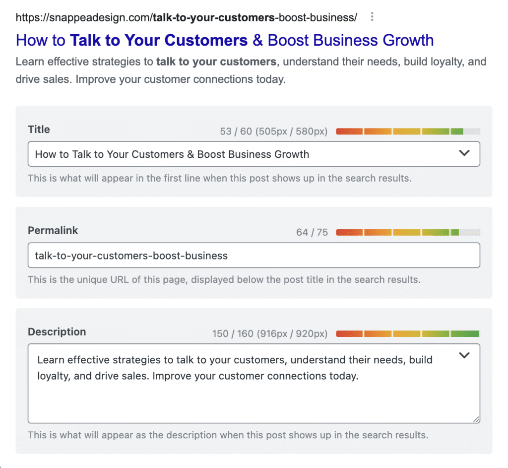 User interface for a blog post's SEO meta-data, detailing the title, permanent link, and a compelling description to enhance online visibility and drive business growth through customer engagement.