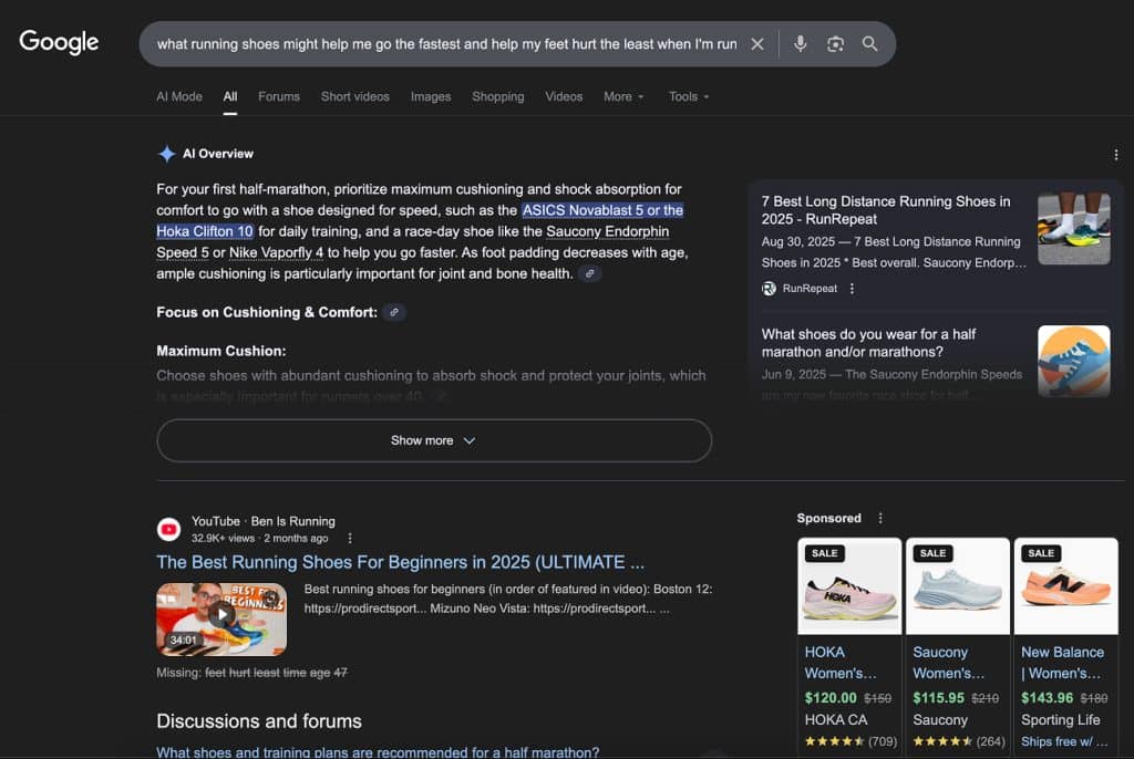 Google search results on a desktop screen, showcasing an AI-generated answer about running shoes for performance and joint health, accompanied by related articles, a YouTube video, and sponsored ads for various running shoe brands.