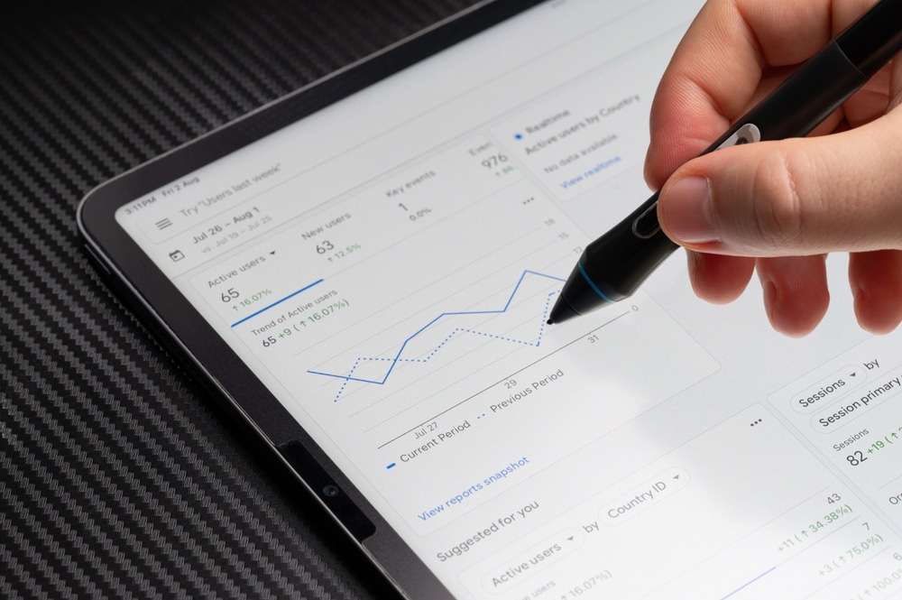 Analyzing web analytics charts and reports on a tablet device, focusing on user activity and performance trends.